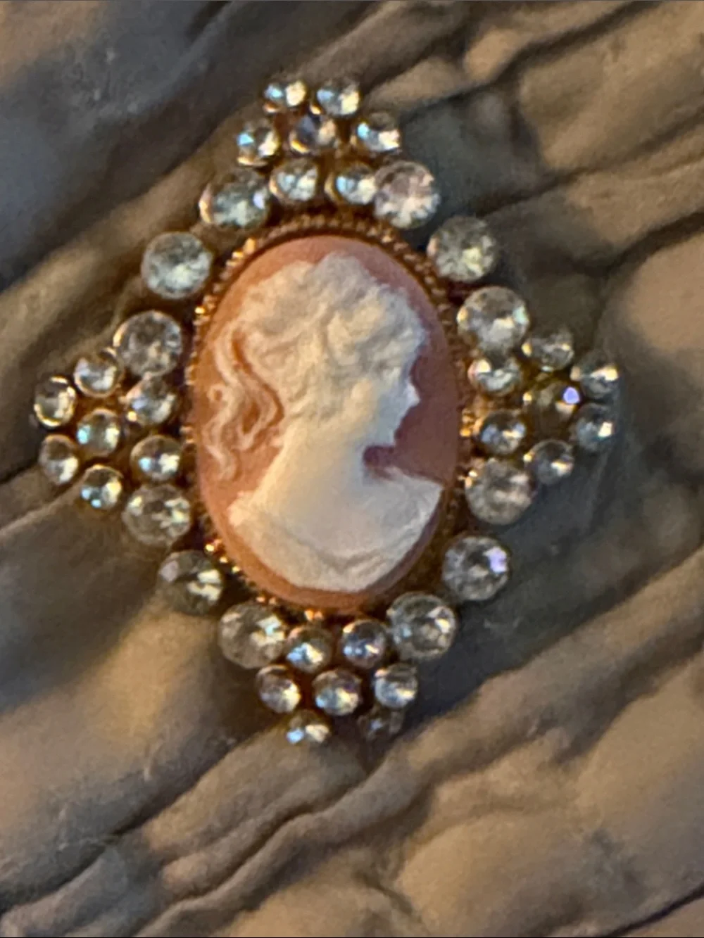 Canes brooch crystal with aurora borealis surrounding the oval female profile